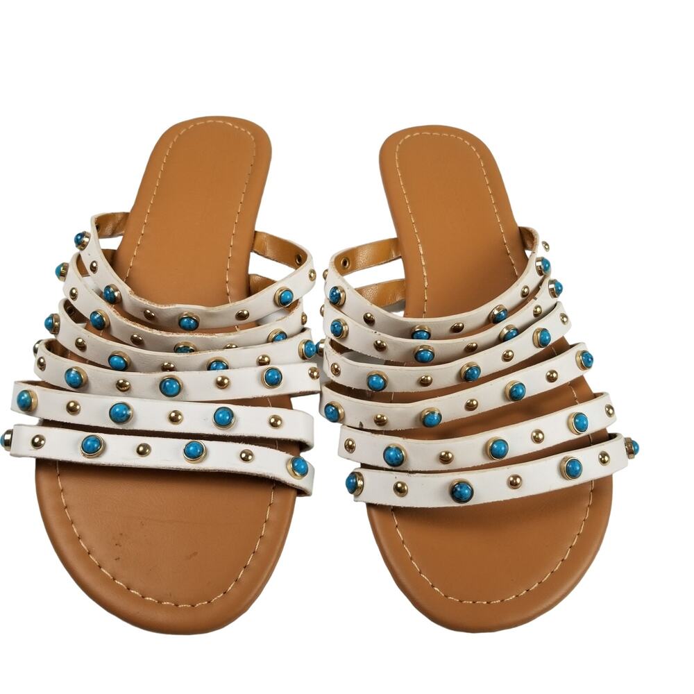 Olivia Miller White Blue Beads Baubles Studded Strappy Sandals Lovely Size 6